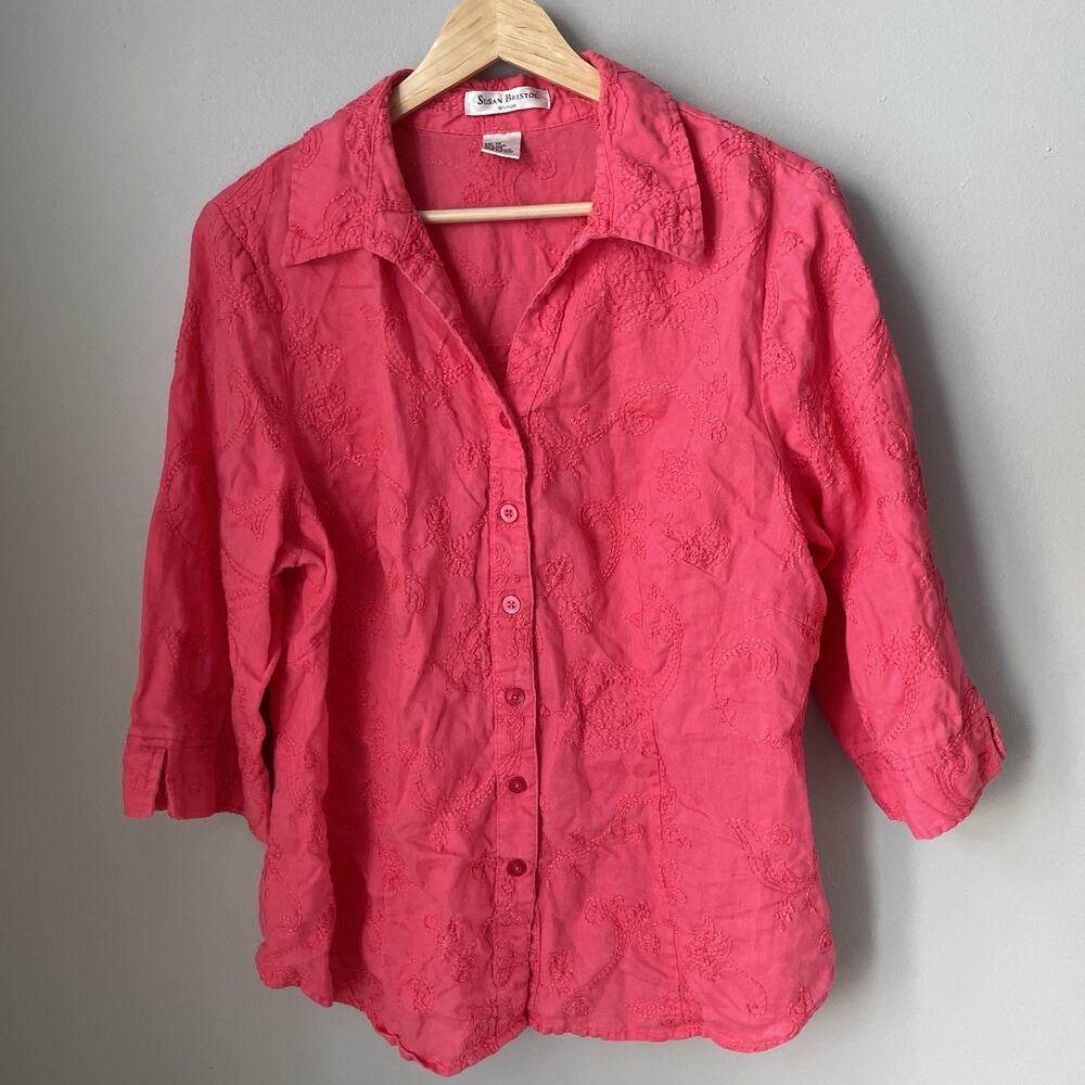 Susan Bristol 100%‎ Linen Womens Button Up Pink Sz 1X Embroidered
